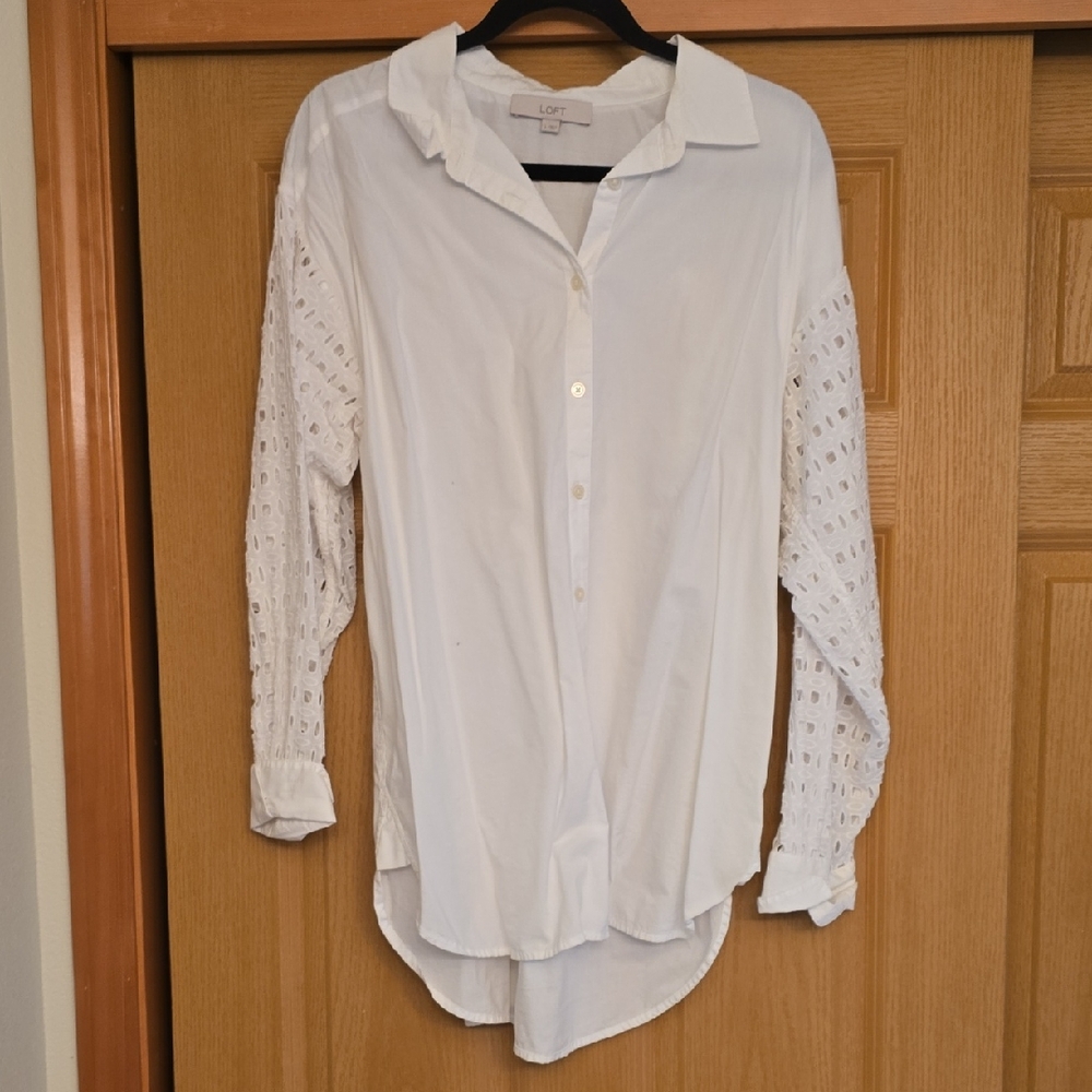 LOFT Ivory Button-Down Tunic Shirt with Eyelet Sleeves